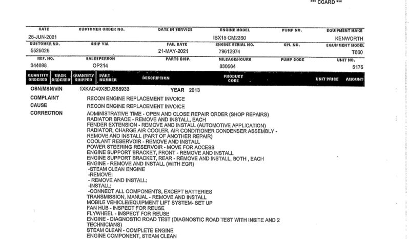 2013 KENWORTH T660 W/283K ON OVERHAUL full